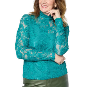 C Wonder Women's Chiffon Lace Top with 3D Floral Jade - Regular